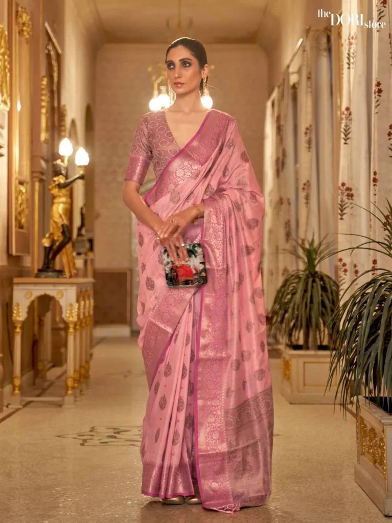 Baby Pink Floral Banarasi Handloom Woven Silk Saree - party wear saree