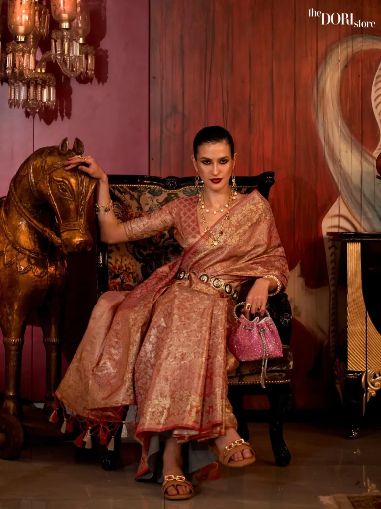 Partywear Fiery Orange Banarasi Handloom Zari Silk Saree - party wear saree