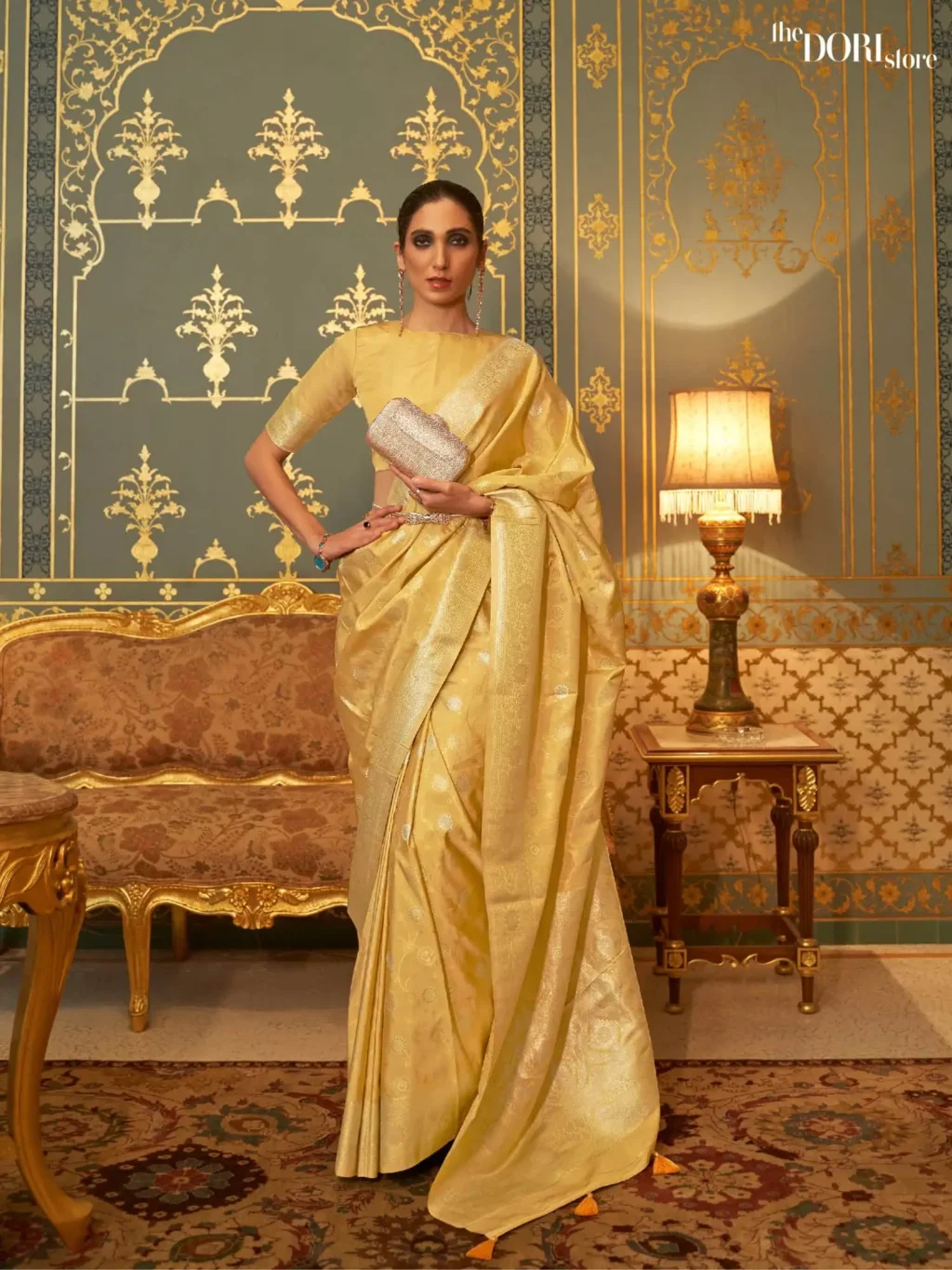 Partywear Floral Yellow Handloom Banarasi Silk Woven Saree - party wear saree