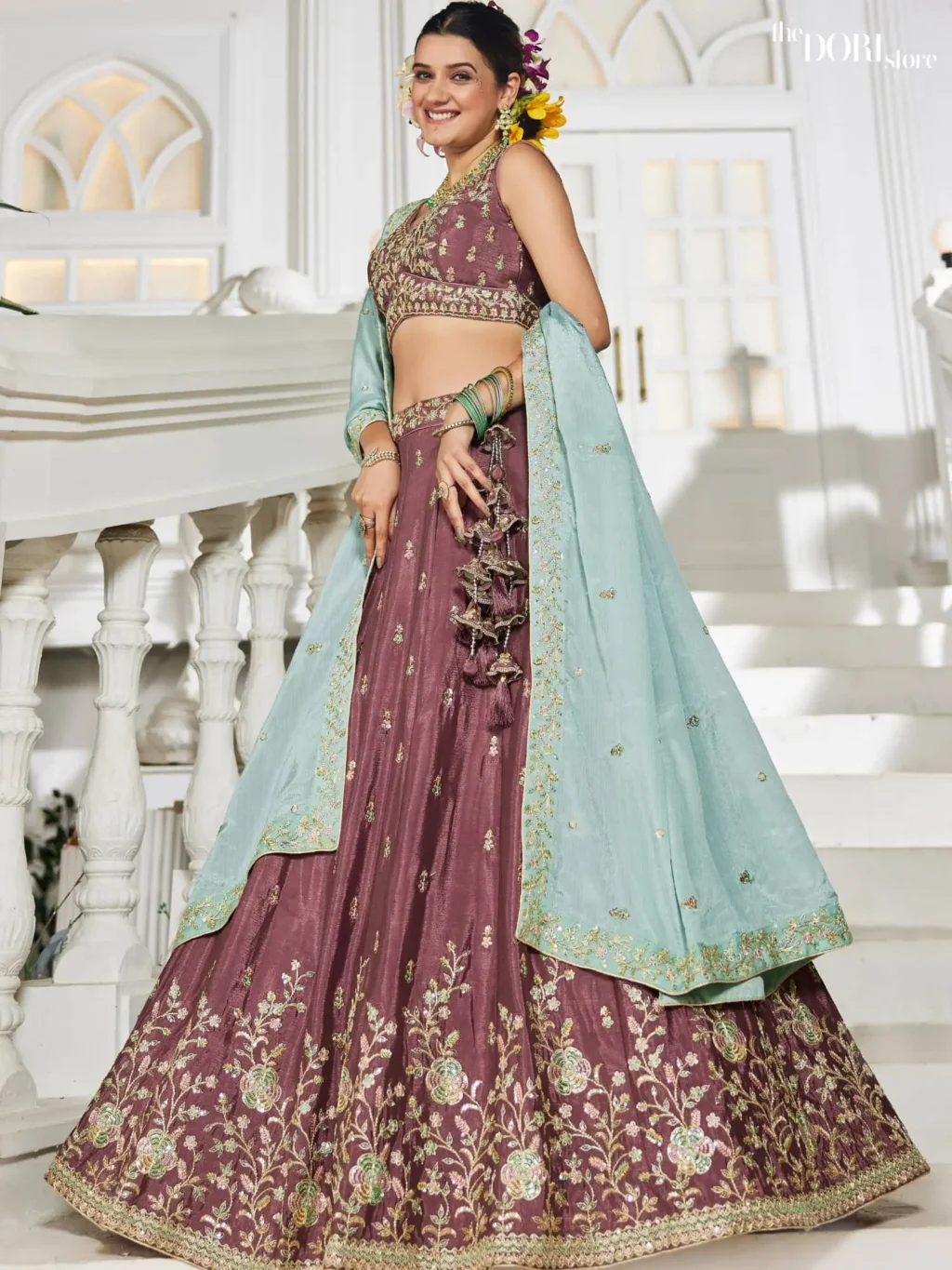 Rose Gold Chiffon Sequinse embroidery Semi-Stitched Lehenga choli - Image 4