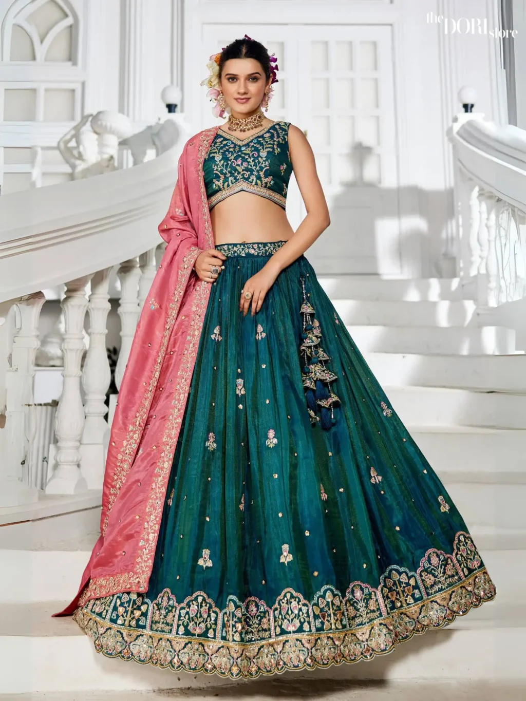 Teal Green Satin Sequinse embroidery Semi-Stitched Lehenga choli - Image 3