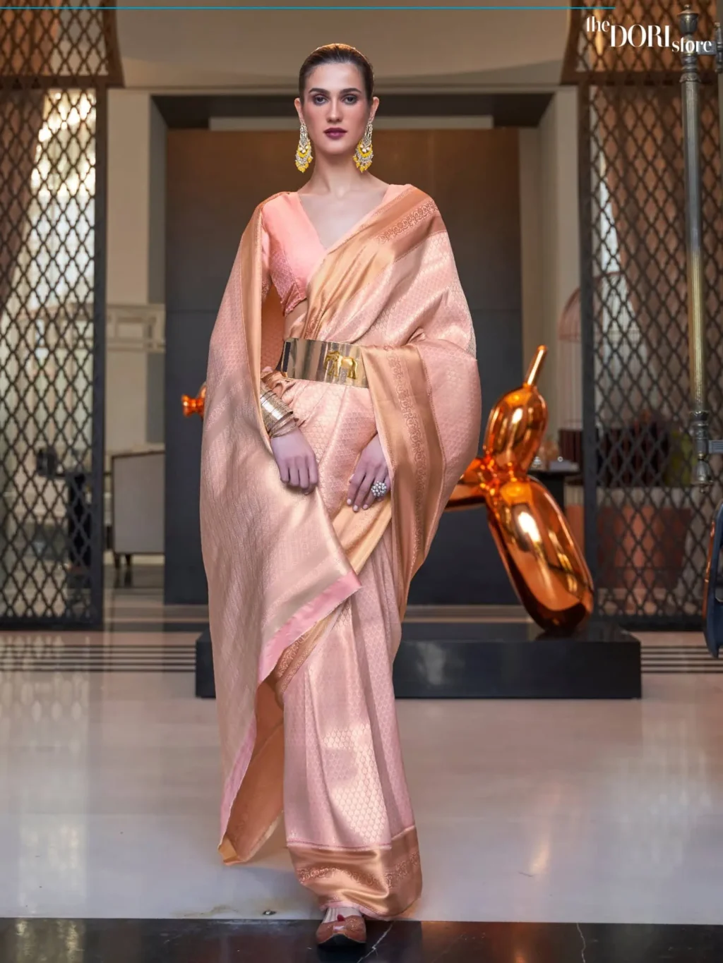 Peach Orange Kanjeevaram Handloom Woven Silk Saree - party wear saree