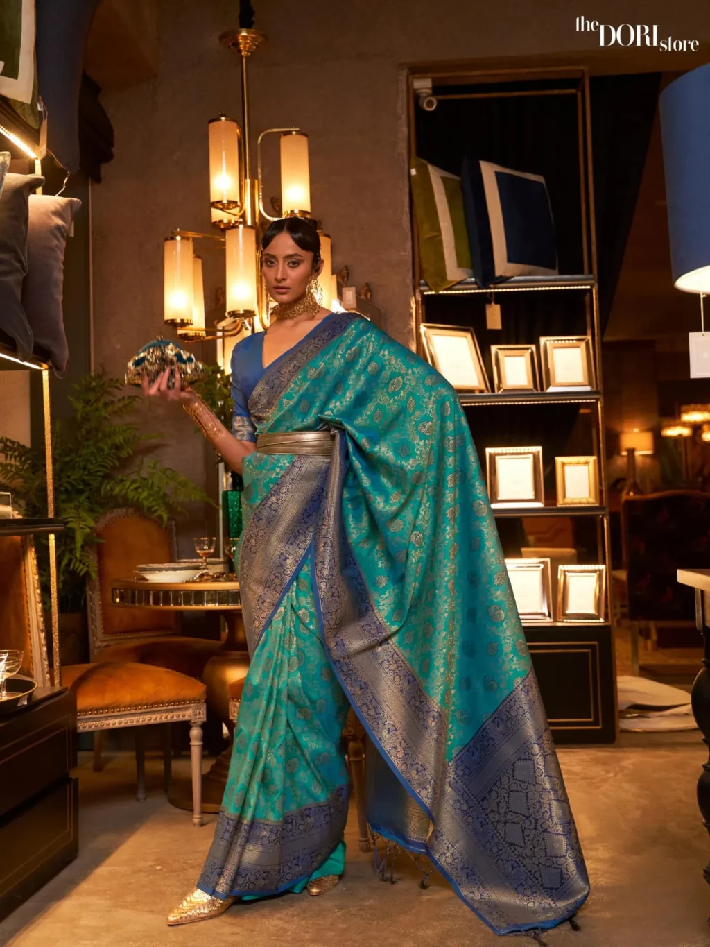 Blue and Green Designer Banarasi Silk Saree - party wear saree
