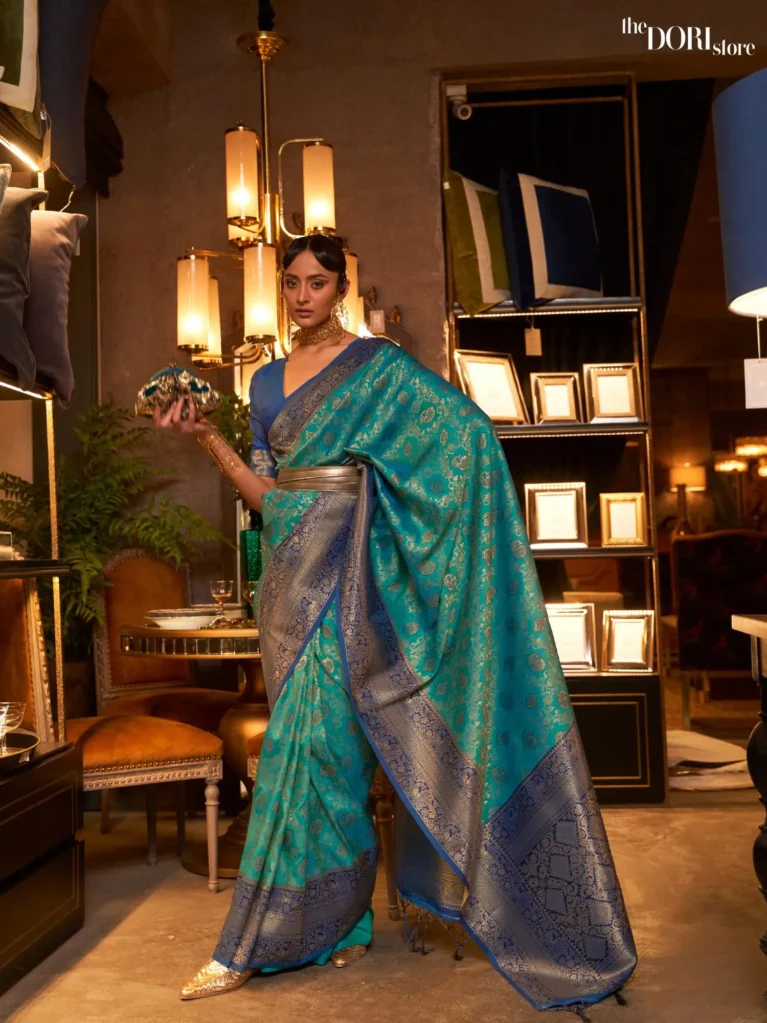 Blue and Green Designer Banarasi Silk Saree - party wear saree
