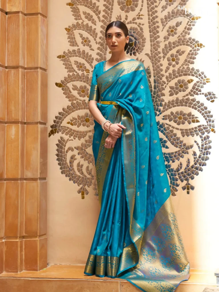Ocean Blue Glow Kanjeevaram Silk Saree - party wear saree