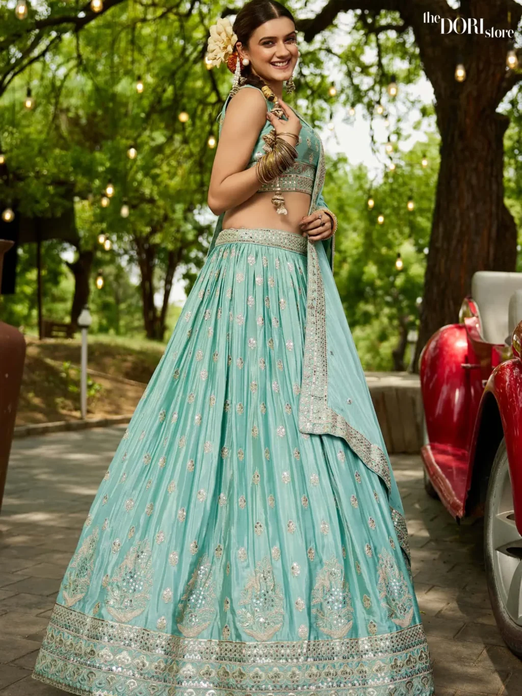Water Blue Chiffon Sequinse embroidery Semi-Stitched Lehenga choli - Image 4
