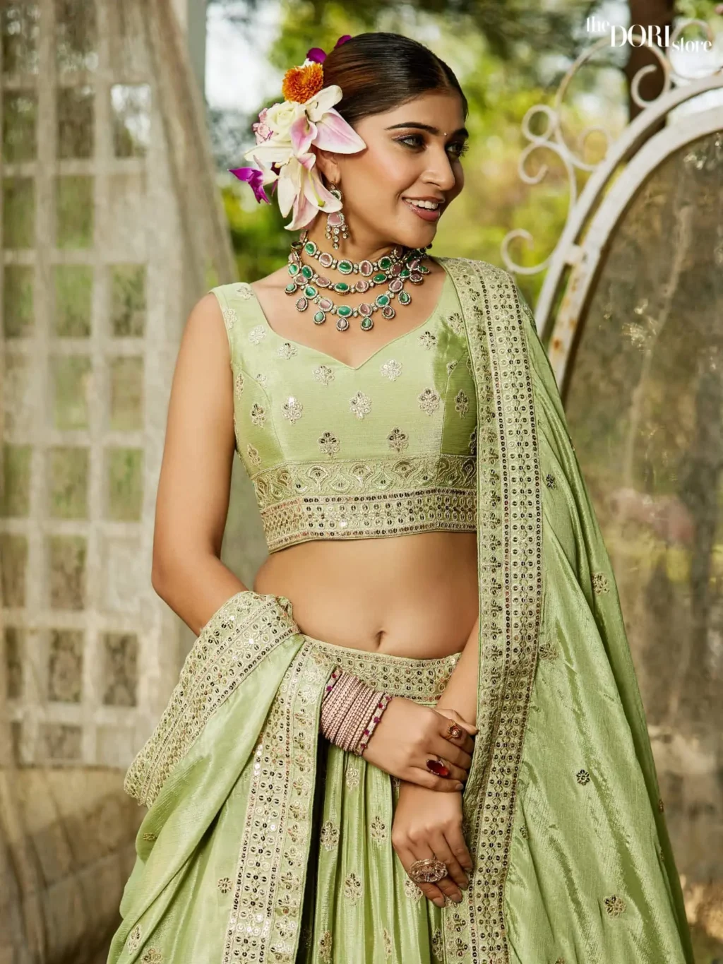 Lime green Chiffon Sequinse embroidery Semi-Stitched Lehenga choli - Image 3