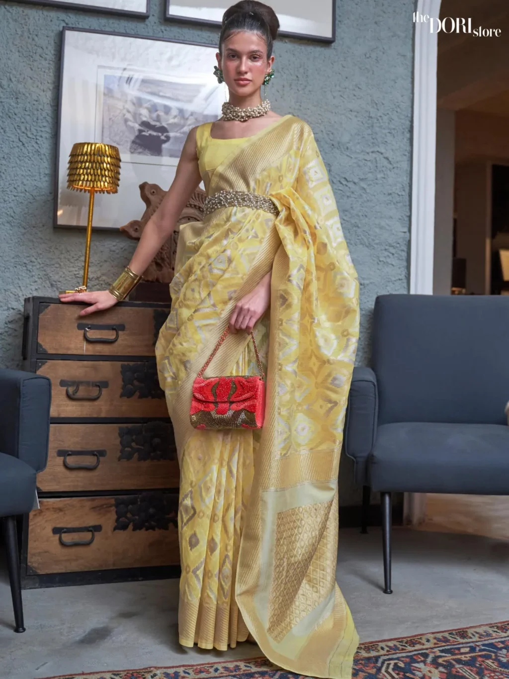 Ethnic Yellow Pure Linen Designer Handloom Woven Saree - party wear saree