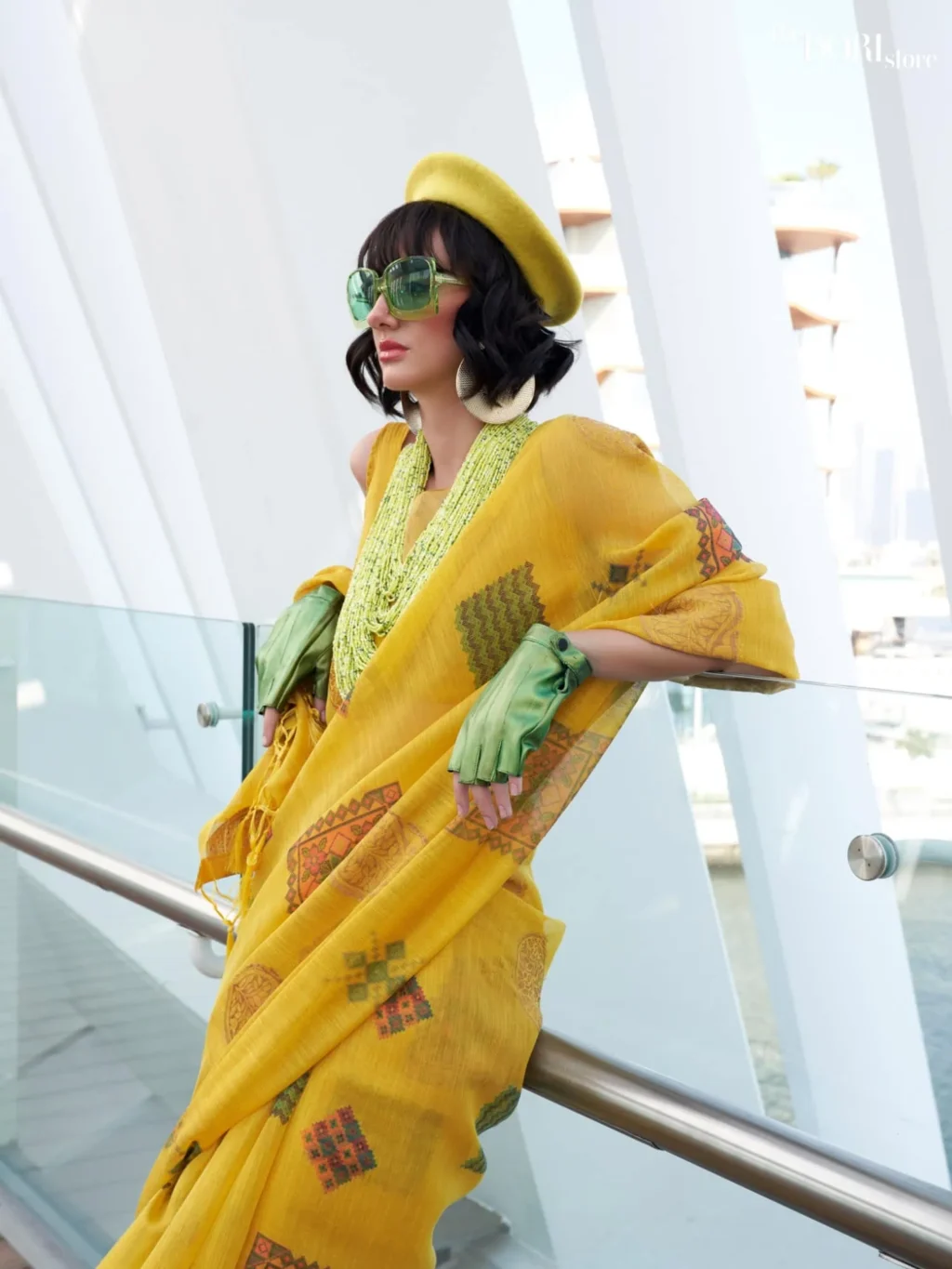 Beautiful Yellow Printed Handloom Linen Silk Saree - Image 3