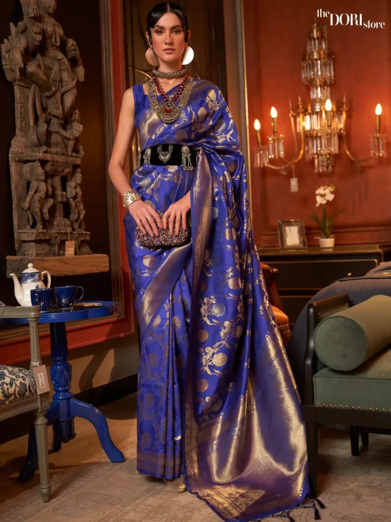 Partywear Dark Blue Banarasi Handloom Woven Silk Saree - party wear saree