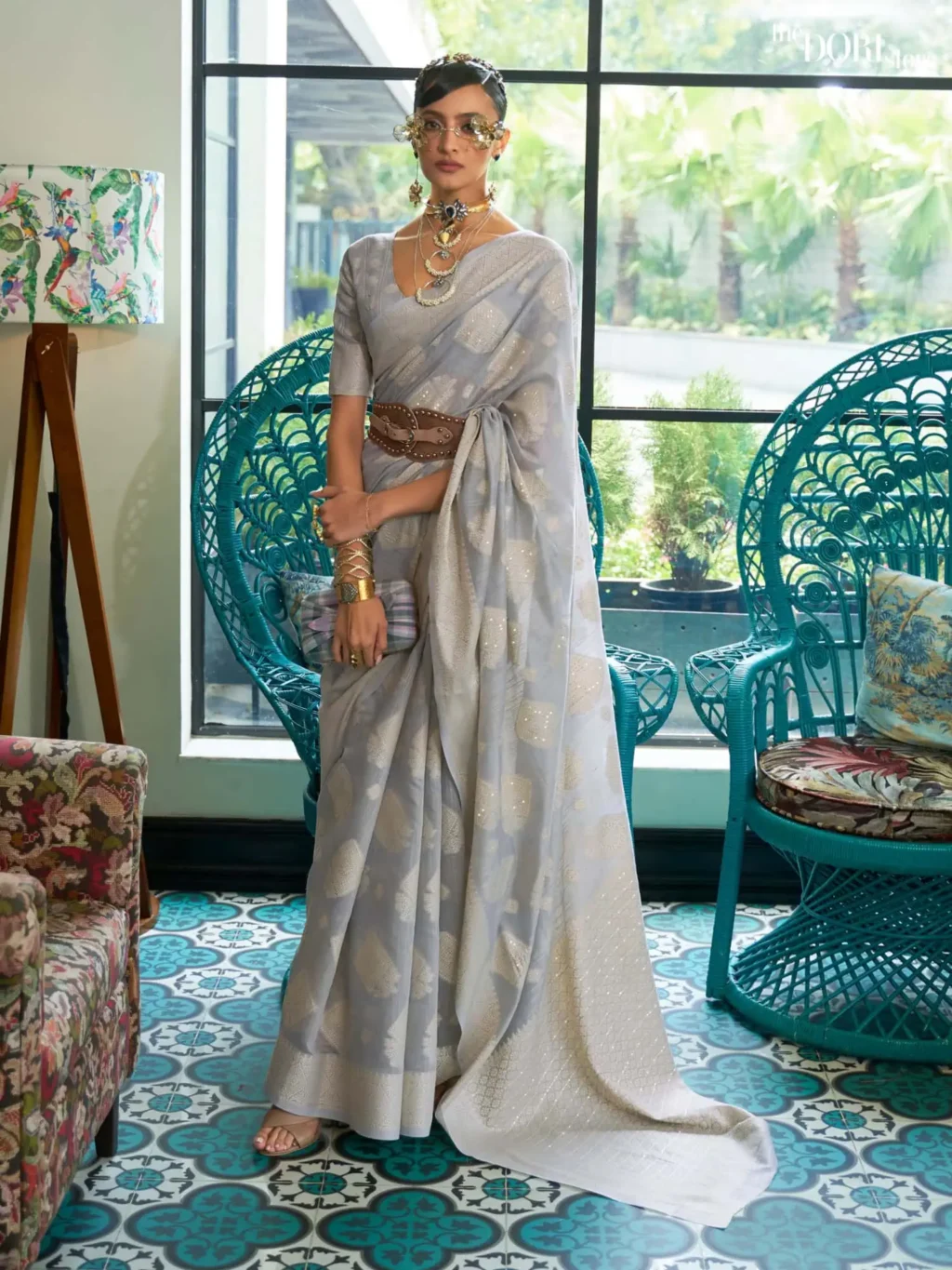 Grey Chickankari Lucknowi Banarasi Silk Saree - party wear saree