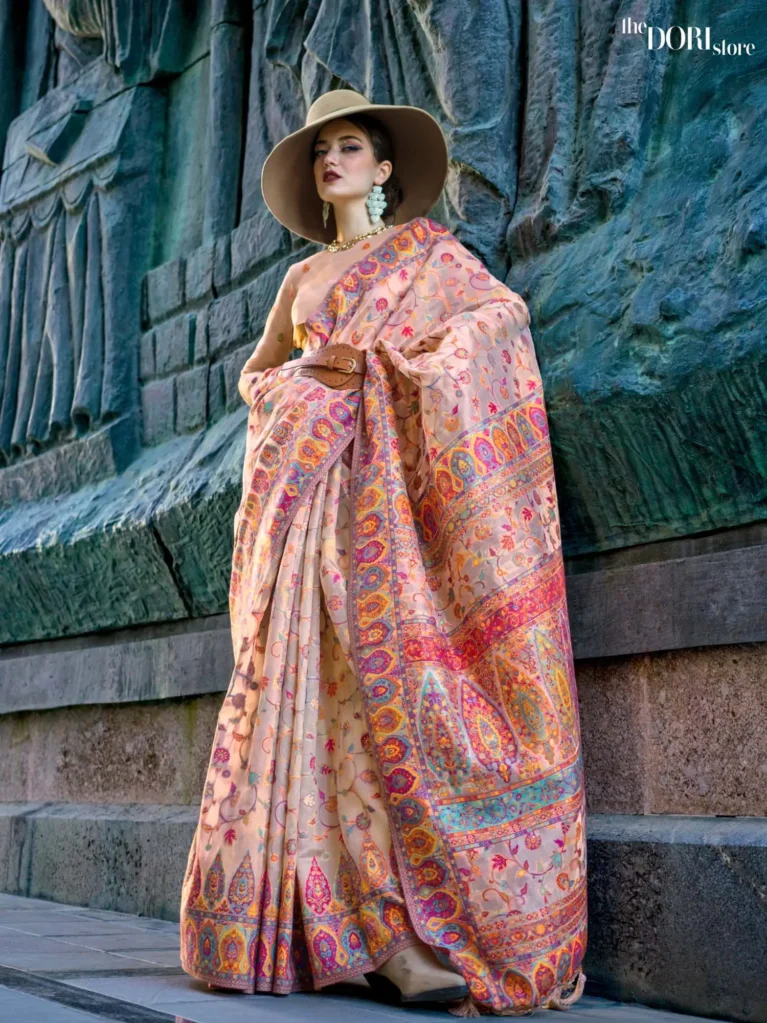 Floral Multicolor Cream Kashmiri Organza Soft Silk Saree - party wear saree
