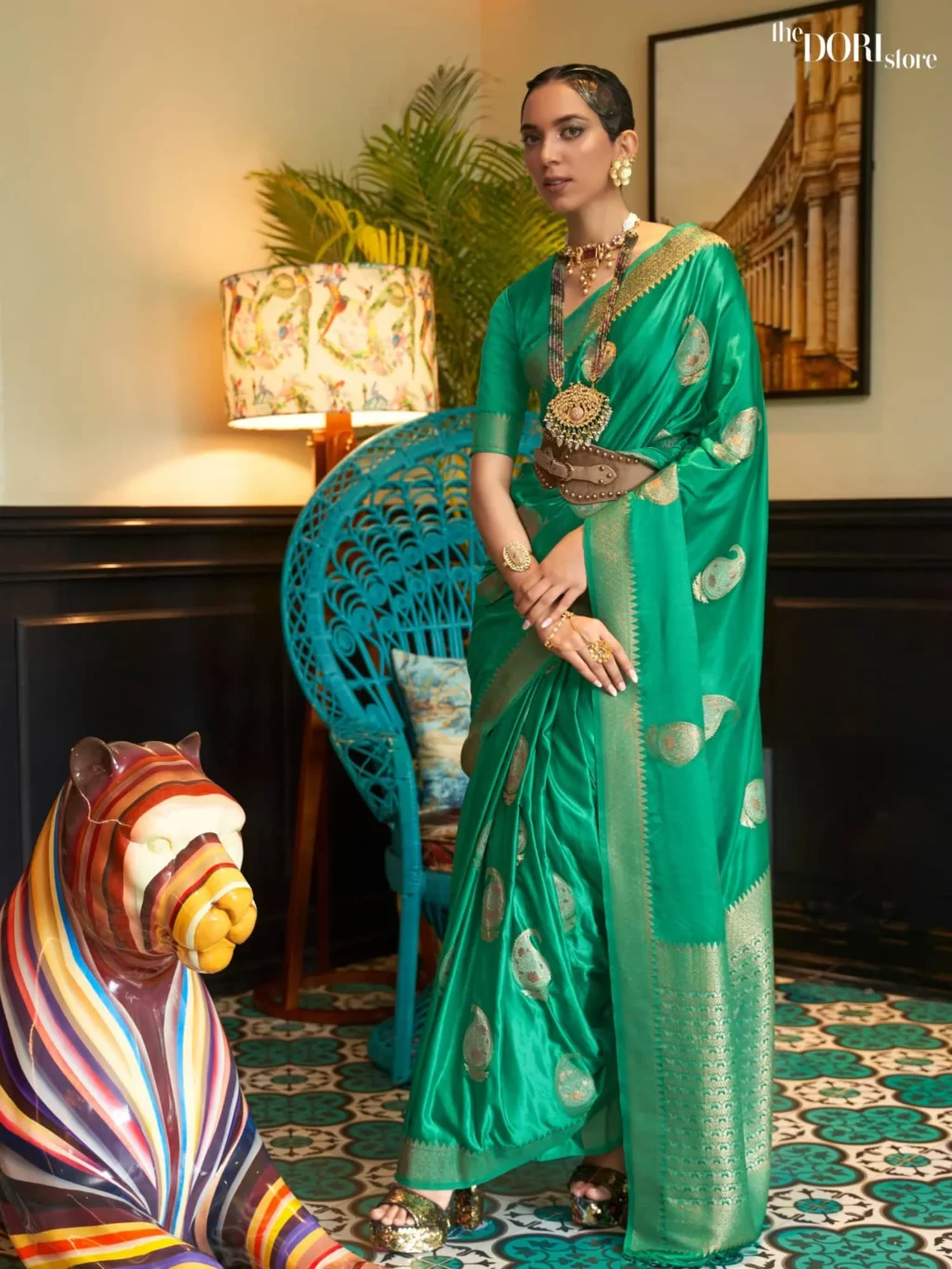 Ethnic Green Woven Banarasi Satin Silk Saree - party wear saree