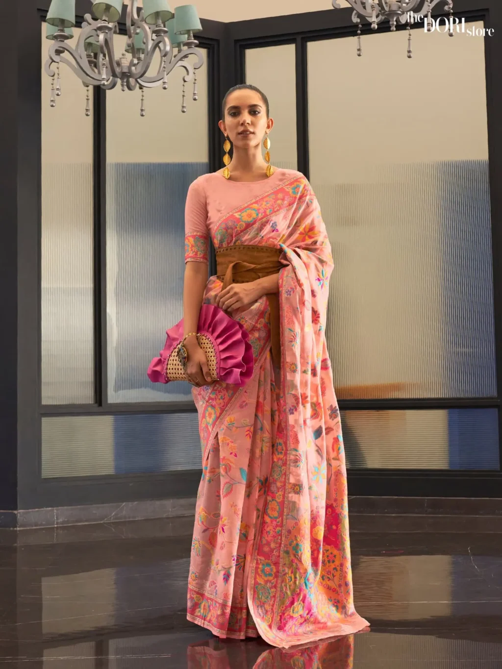 Light Pink Kashmiri Floral Modal Handloom Silk Woven Saree - party wear saree