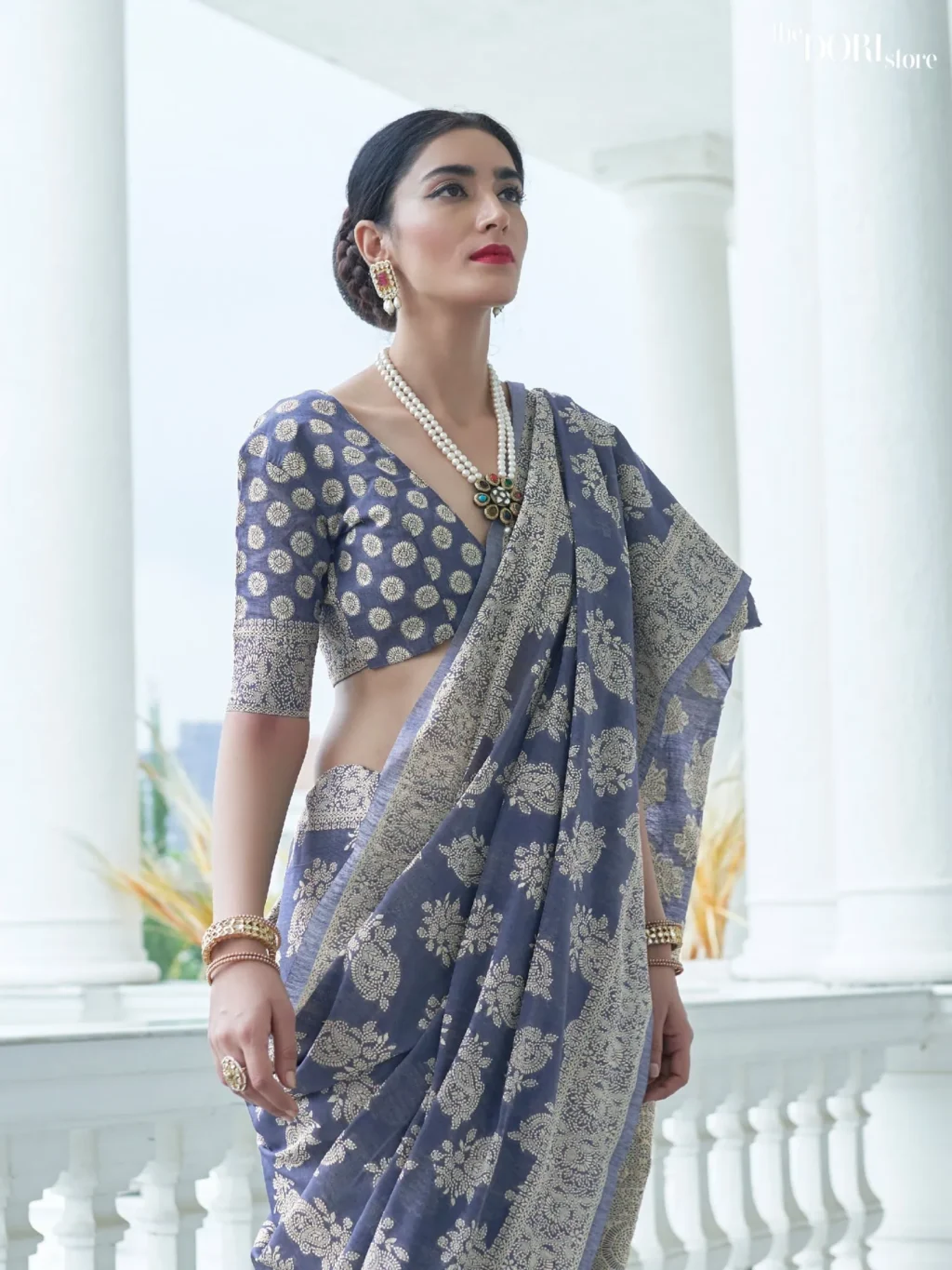 Luxe Blue Lucknowi Georgette Weaving Saree - Image 2