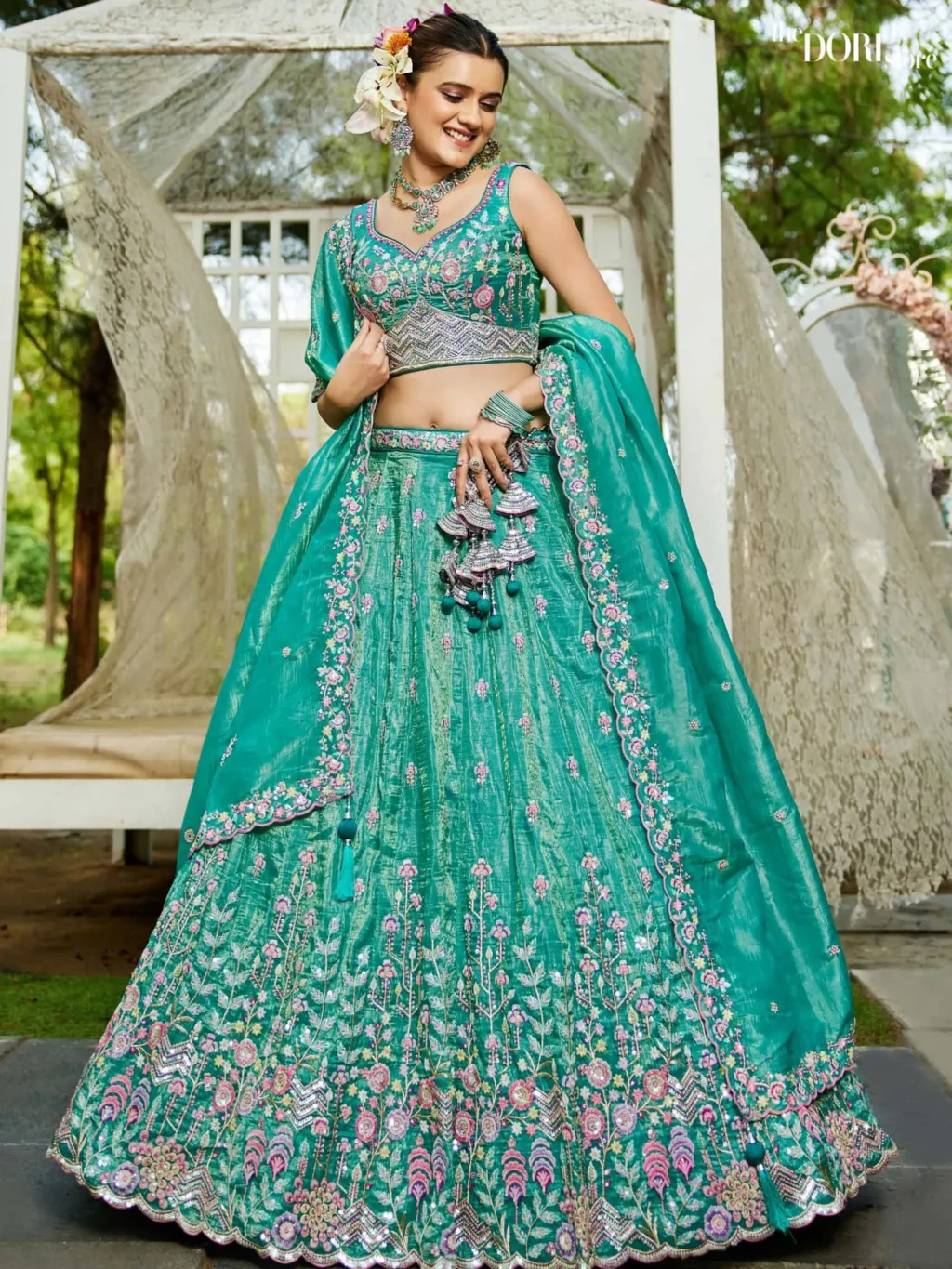 Sea green Tissue Sequinse embroidery Semi-Stitched Lehenga choli - Image 3