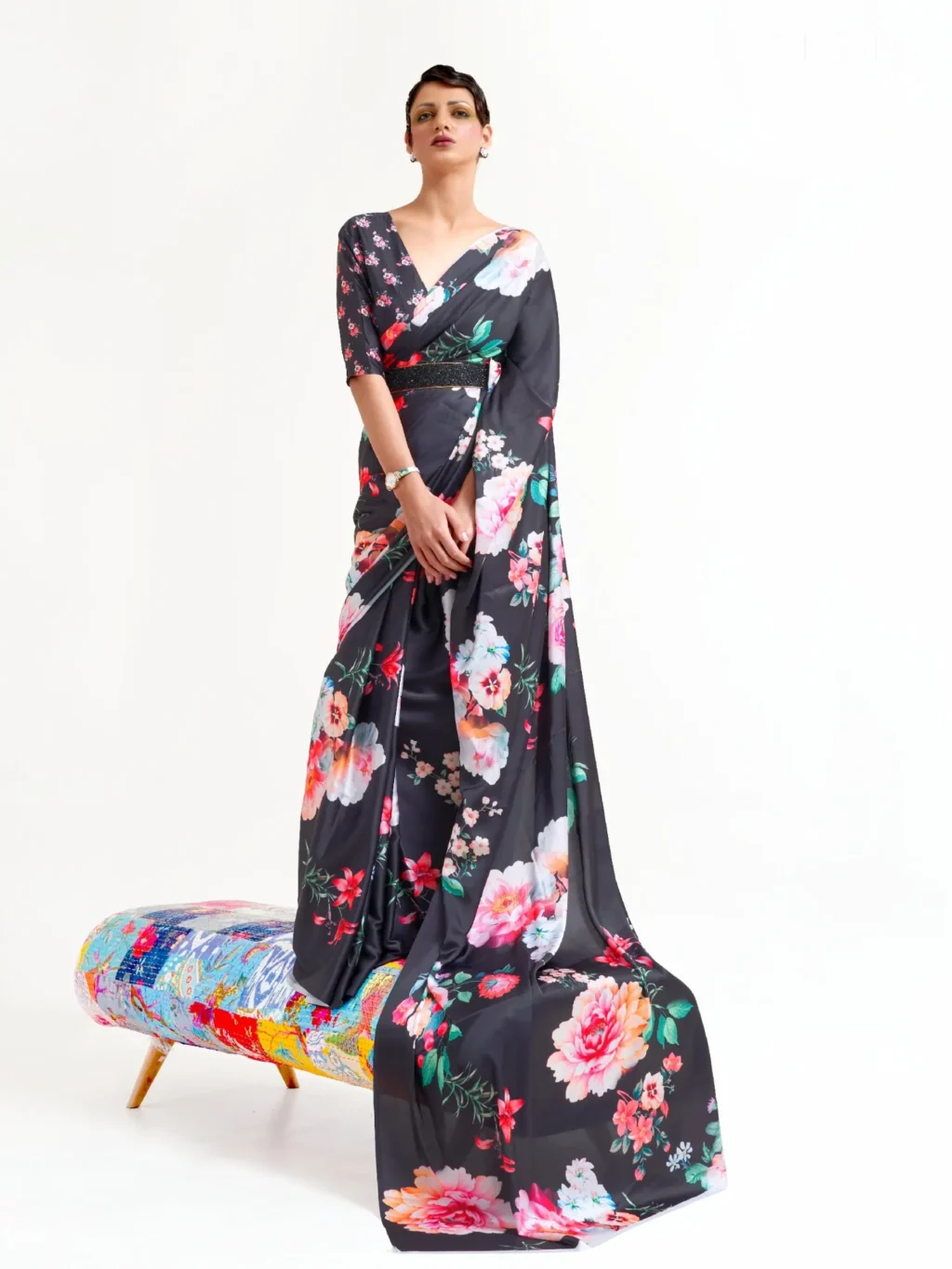 Ethnic Black Digital Printed Soft Crepe Silk Saree - party wear saree