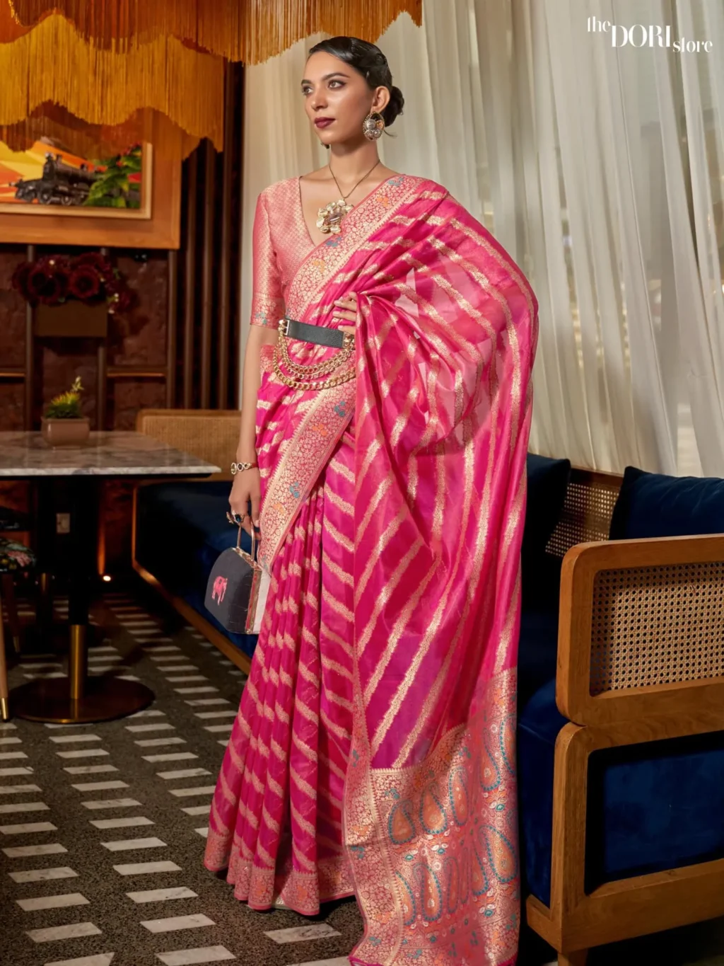 Blush Pink Woven Organza Silk Saree - party wear saree