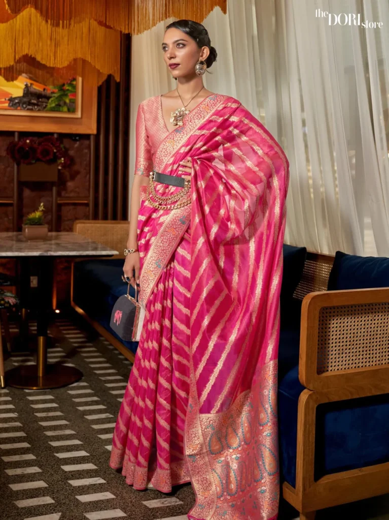 Blush Pink Woven Organza Silk Saree - party wear saree