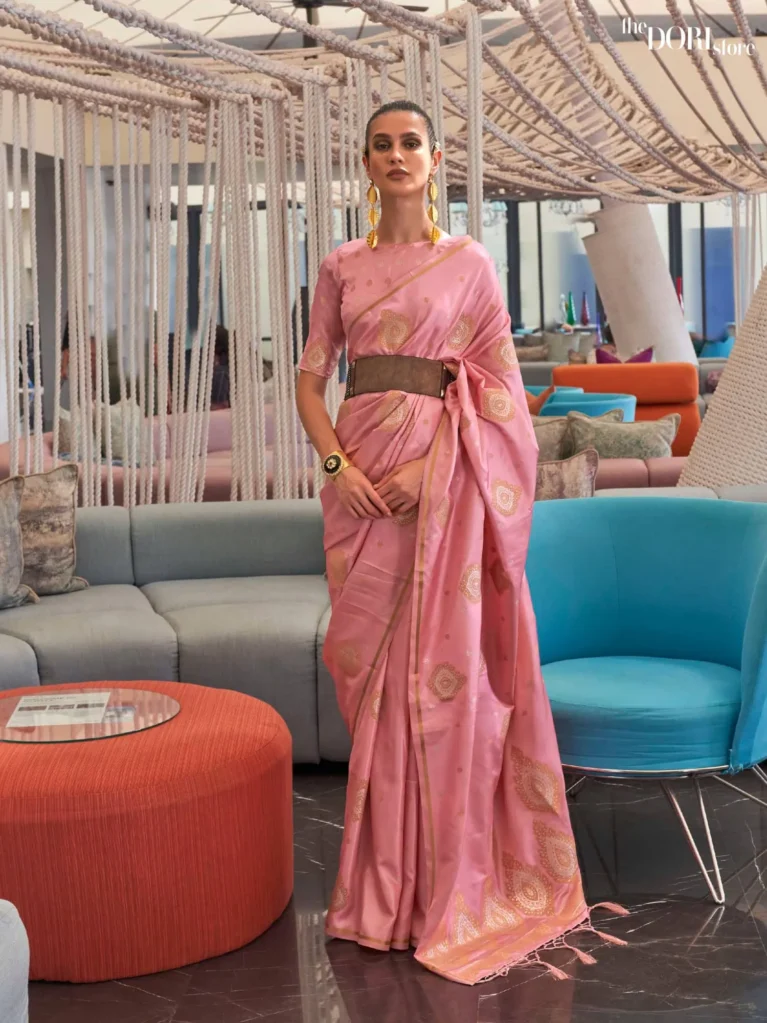 Blush Pink Pure Satin Copper Zari Weaving Saree - party wear saree