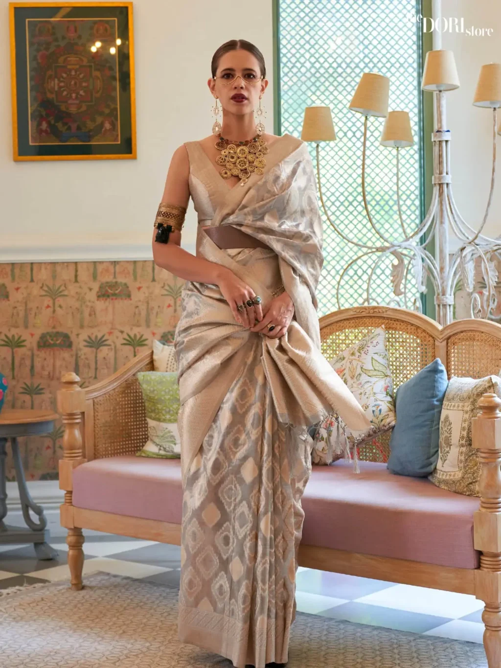 Festive Wear Light Grey Tissue Woven Silk Saree - party wear saree