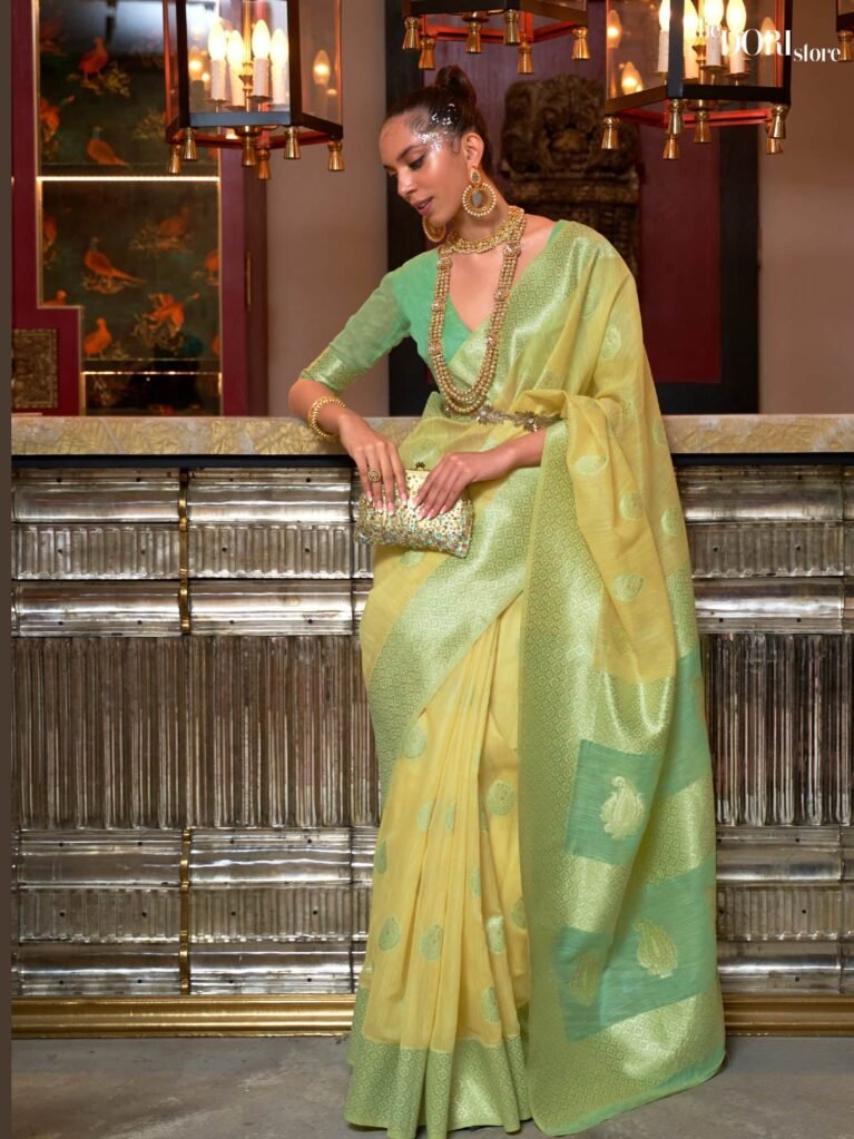 Greenish Yellow  Pure Linen Woven Designer Saree - party wear saree