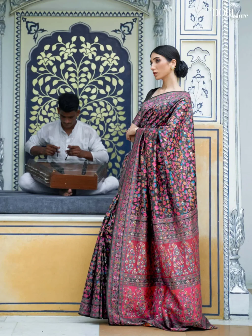 Elegant Black Multicolor Kashmiri Woven Silk Saree - party wear saree