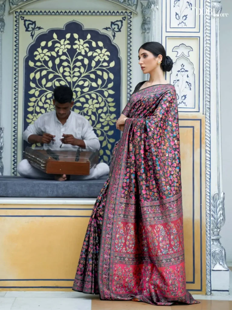 Elegant Black Multicolor Kashmiri Woven Silk Saree - party wear saree