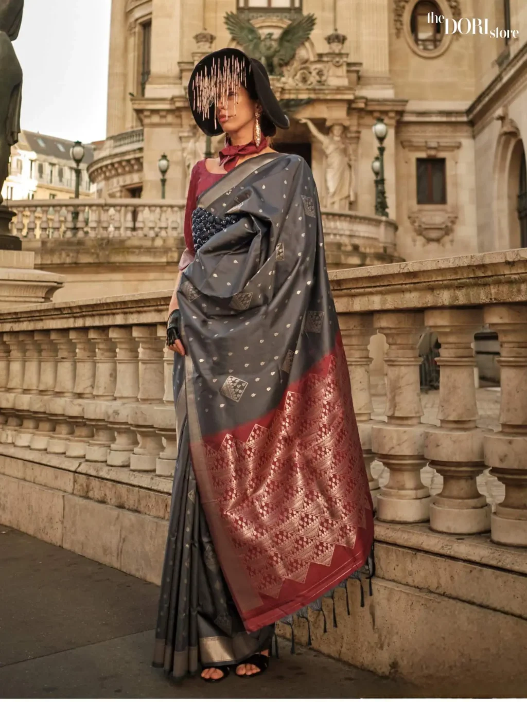 Jet Black Handloom Soft Silk Saree with Contrast Blouse  - party wear saree
