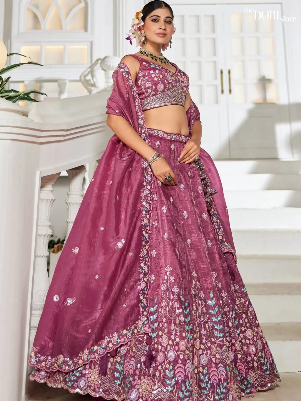 Burgundy Tissue Sequinse embroidery Semi-Stitched Lehenga choli - Image 3