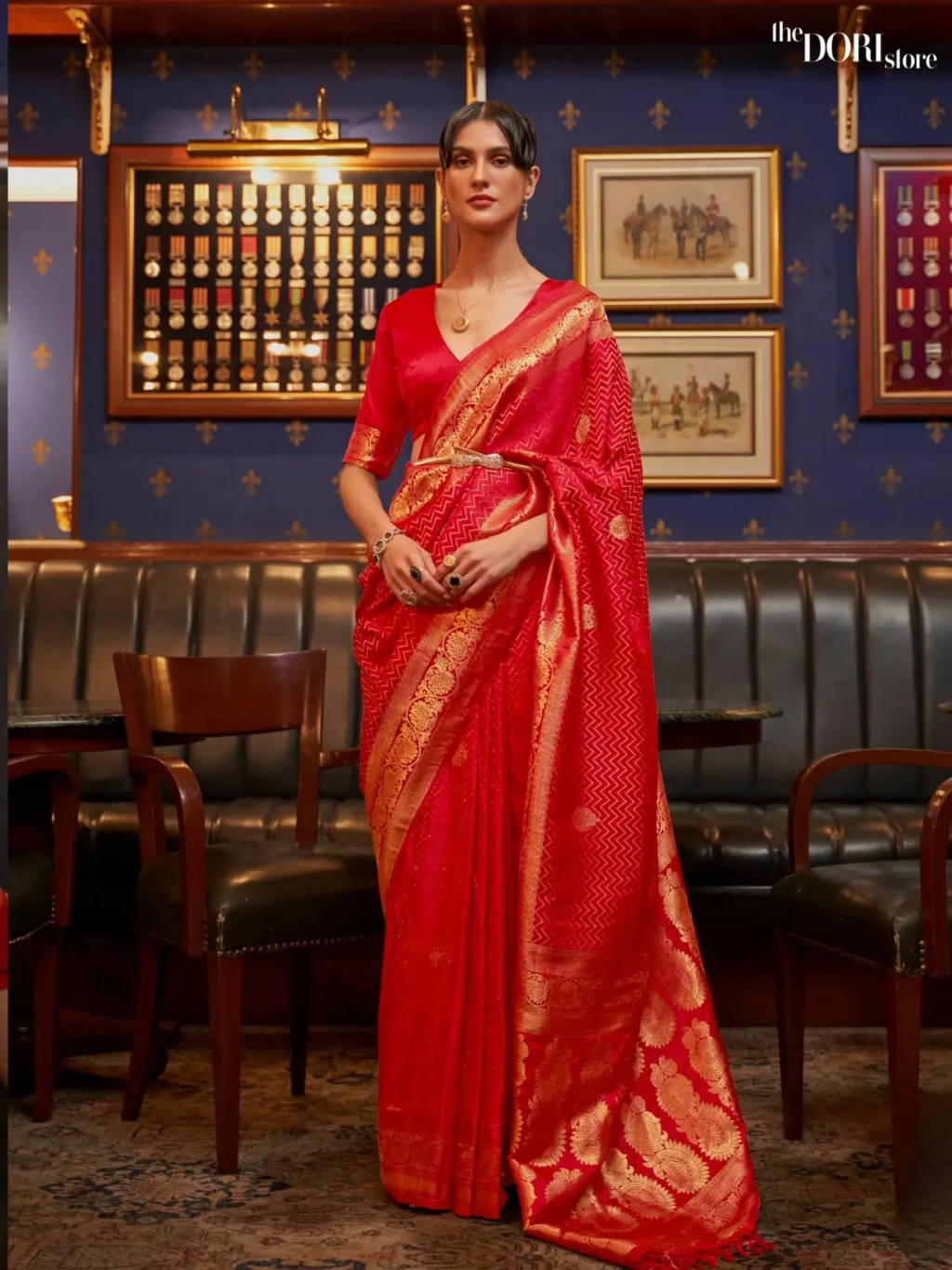 Ethnic Red Designer Satin Silk Woven Saree - party wear saree