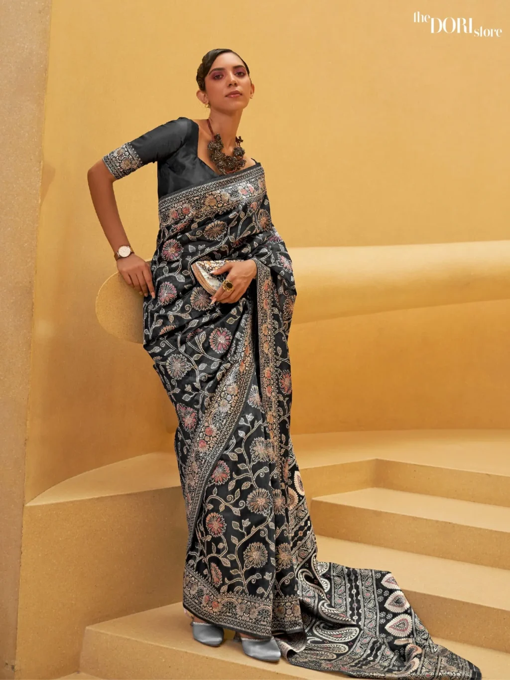 Black Chickankari Lucknowi Banarasi Silk Saree - party wear saree