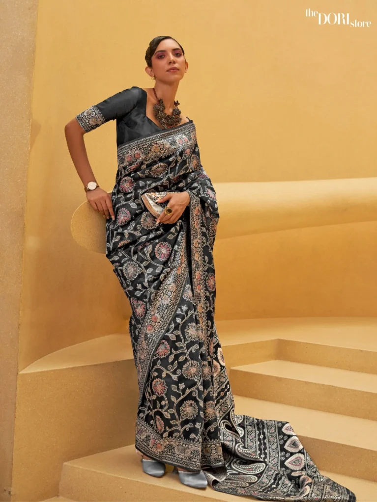 Black Chickankari Lucknowi Banarasi Silk Saree - party wear saree