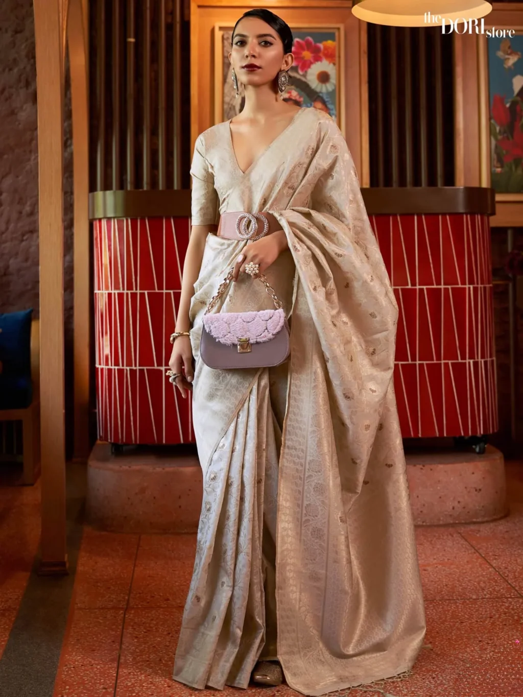 Beige Cream Banarasi Handloom Woven Silk Saree - party wear saree