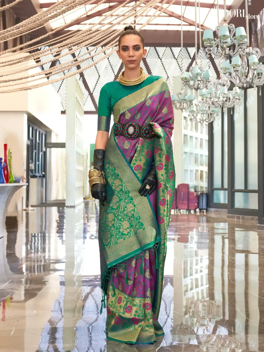 Greenish Purple Contrast Handloom Banarasi Silk Saree - party wear saree