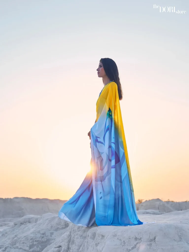 Yellowish Blue Luxe Digital Printed  Saree - party wear saree