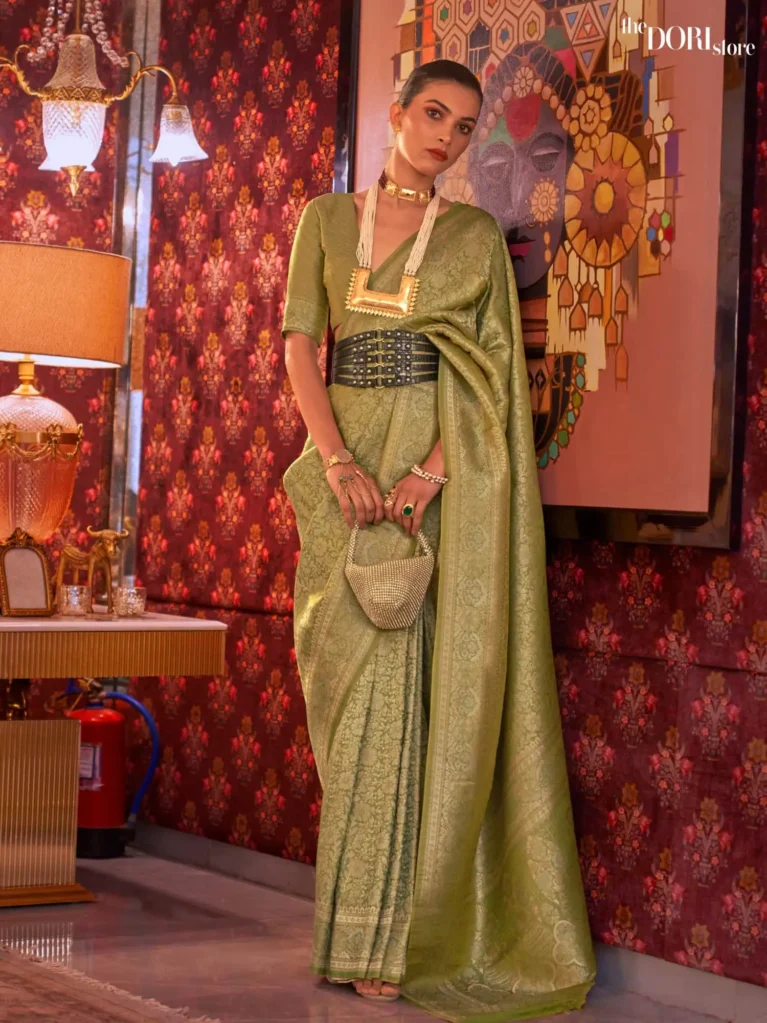 Olive Green Dual Tone Zari Handloom Woven Silk Saree - party wear saree
