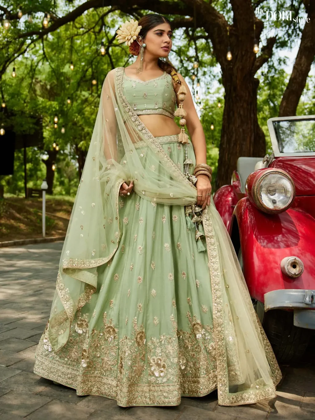 Lime Green Chinnon Sequinse embroidery Semi-Stitched Lehenga choli - Image 3
