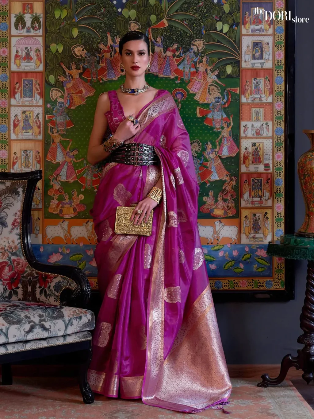 Ethnic Purple Partywear Organza Silk Saree - party wear saree