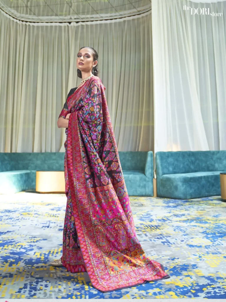 Royal Black Multicolor Jamewar Weaving Saree - party wear saree