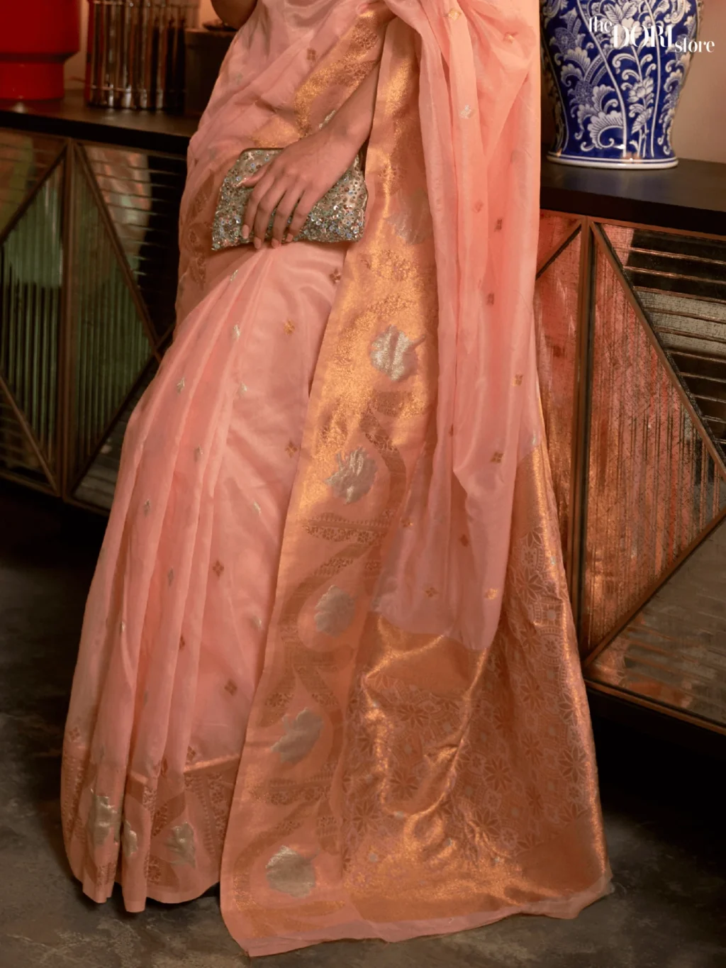 Peach Pink Designer Copper Zari Woven Silk Saree - Image 2