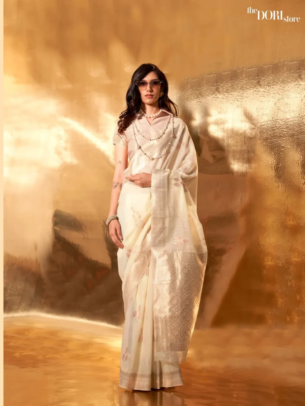 Ethnic Off White Festive Woven Linen saree Saree - party wear saree