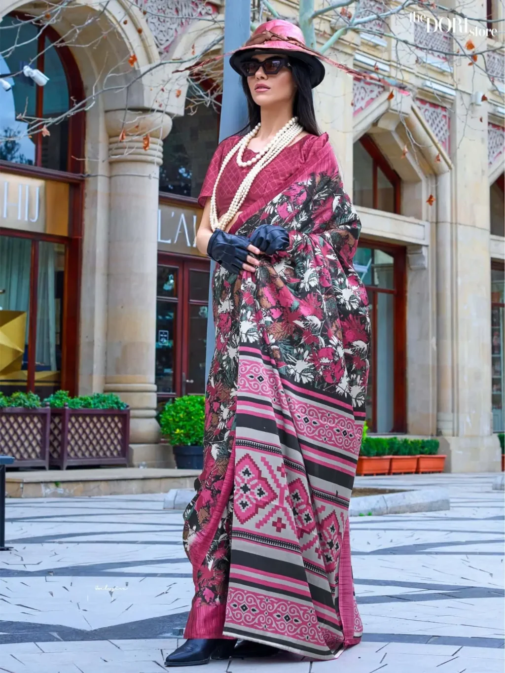 Magenta Pink Satin Printed Crepe Silk Saree - party wear saree