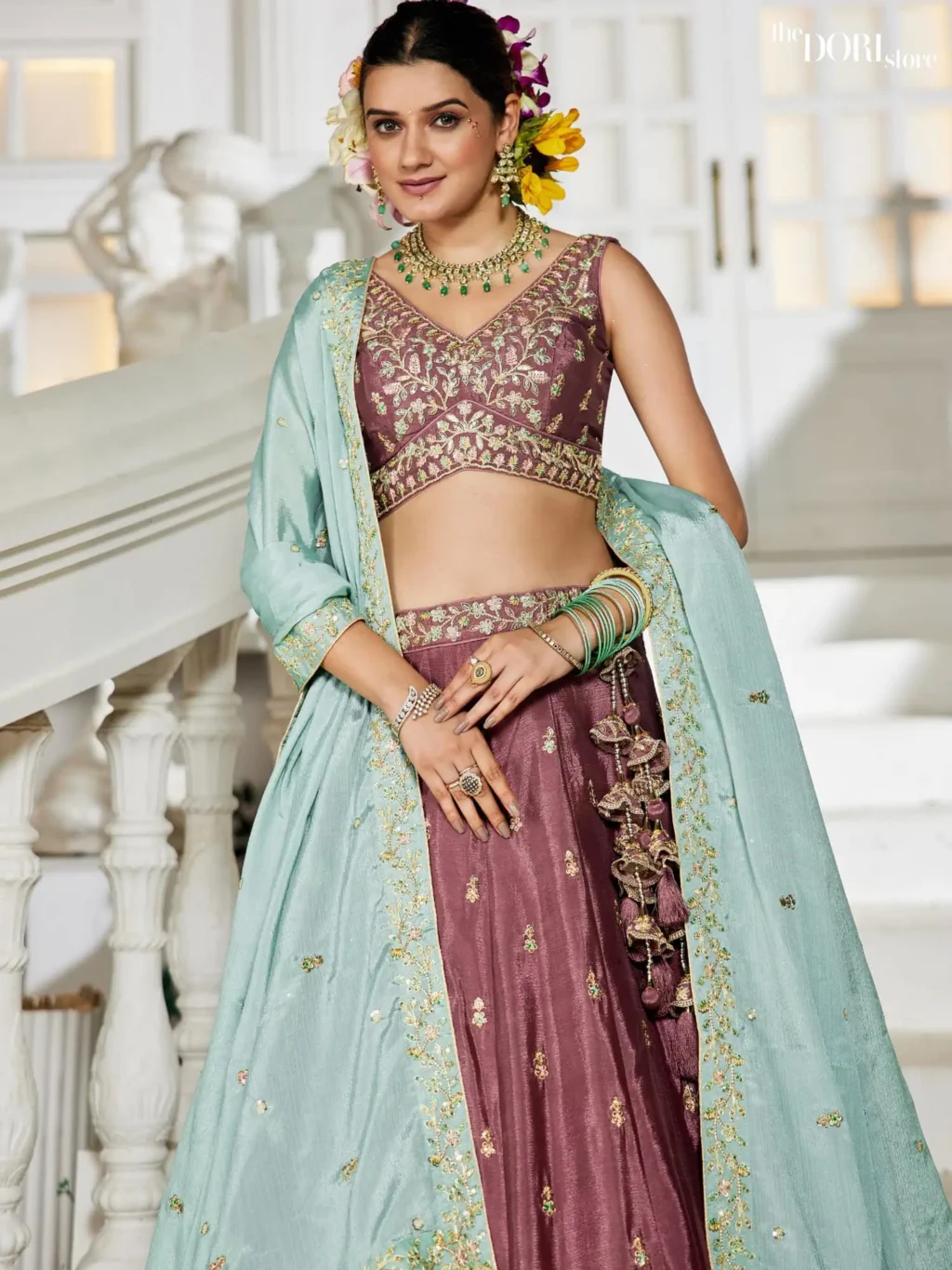Rose Gold Chiffon Sequinse embroidery Semi-Stitched Lehenga choli - Image 3