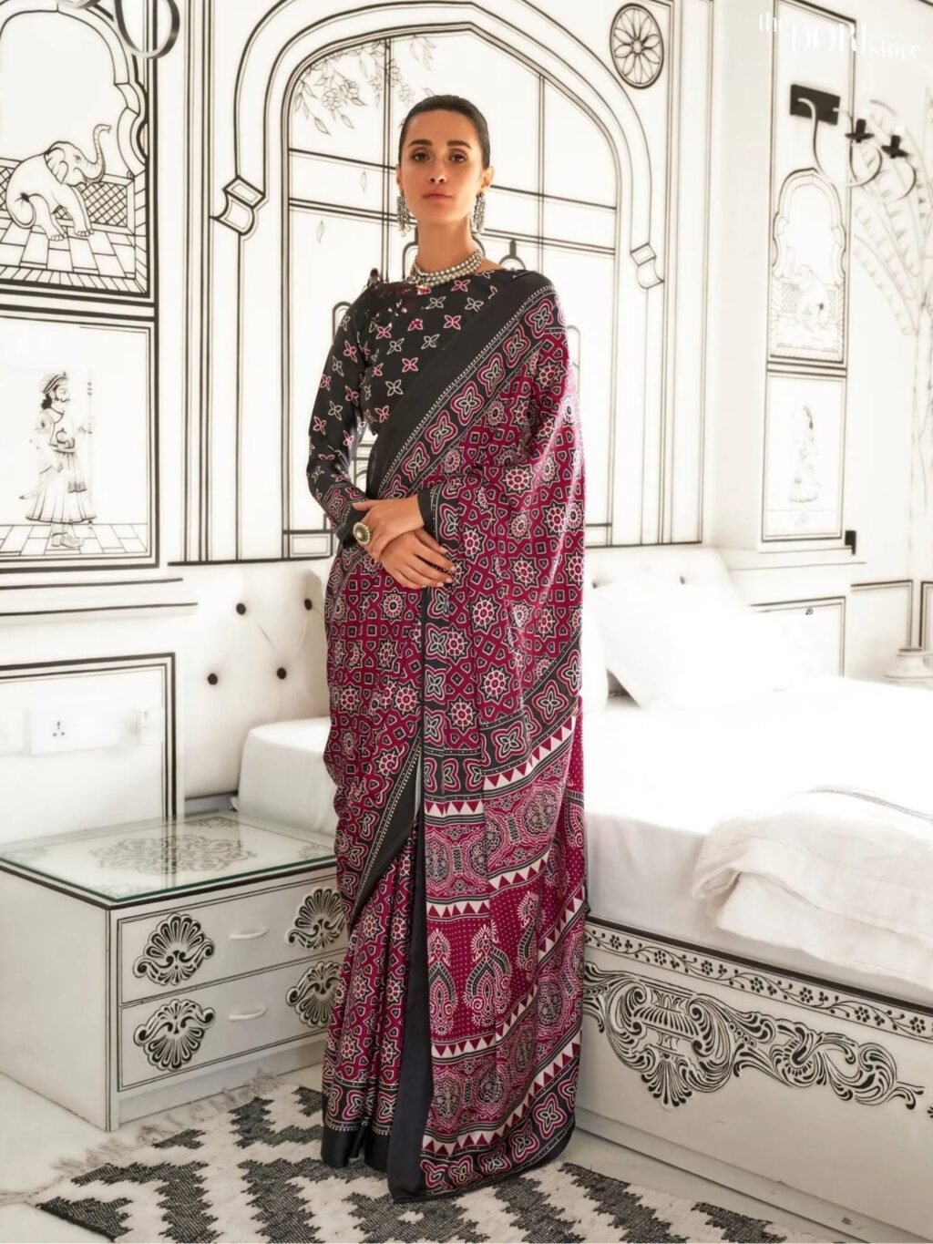 Black and Berry Purple Light Weight Printed Ajrakh Satin Crepe Saree - party wear saree