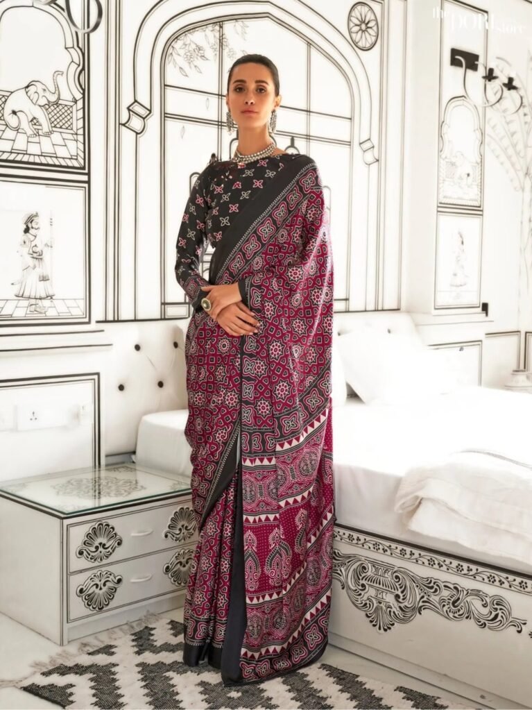 Black and Berry Purple Light Weight Printed Ajrakh Satin Crepe Saree - party wear saree
