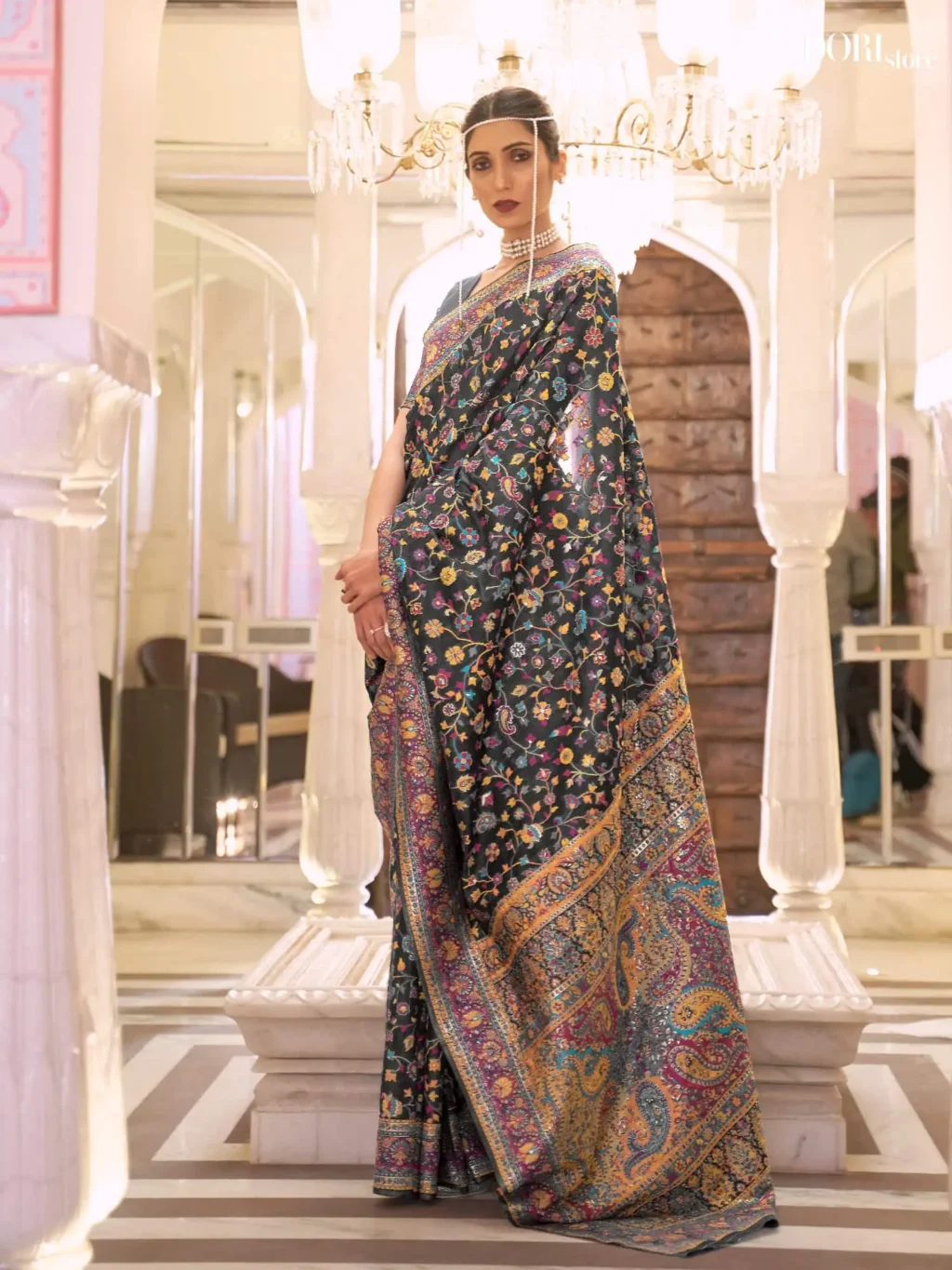 Royal Black Kashmiri Handloom Weaving Silk Saree - party wear saree