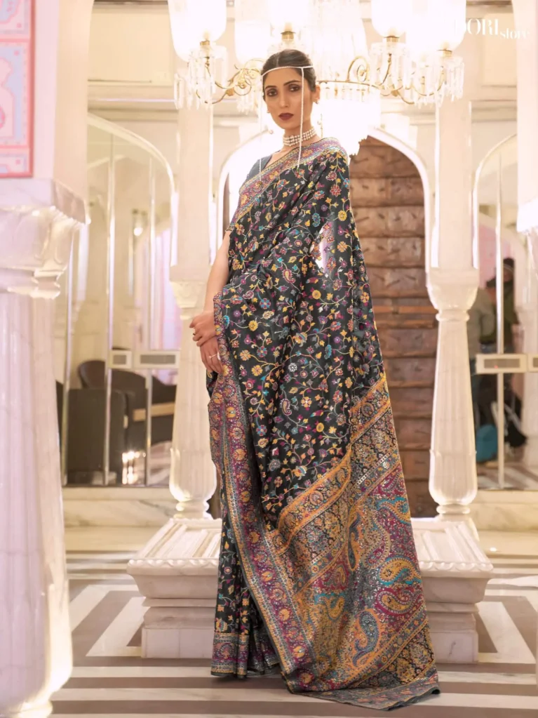 Royal Black Kashmiri Handloom Weaving Silk Saree - party wear saree