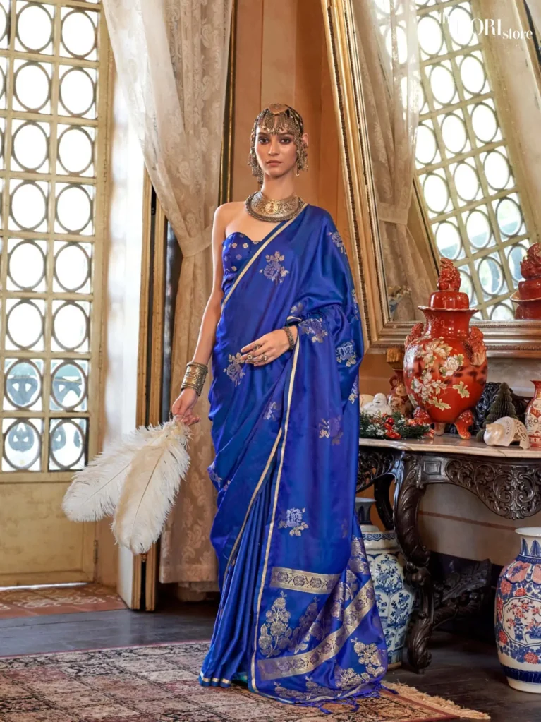 Nautical Blue Partywear Banarasi Satin Silk Saree - party wear saree