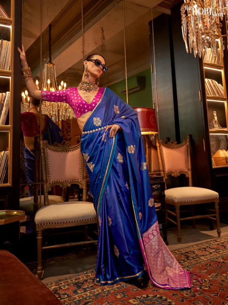 Royal Dark Blue Pure Satin Silk Saree with Contrast Blouse - party wear saree